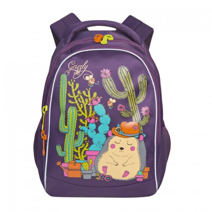 Рюкзак школьный Grizzly фиолетовый, 2 отд., карманы, анатом. спинка, отраж. элем., 28х38х17