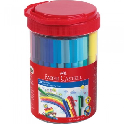 Набор фломастеры 50цв Faber Castell Connector подарочный, в пласт. банке, 10 клипов для соединения