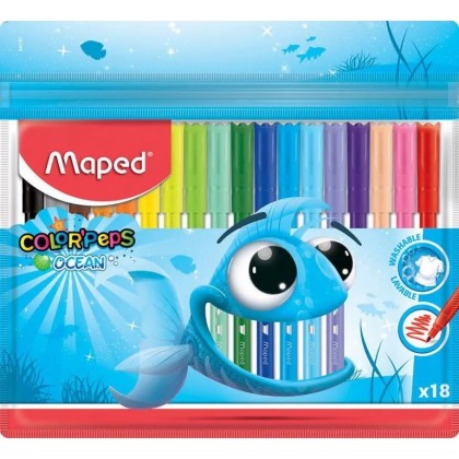 Фломастеры 18цв MAPED Color Peps Ocean заблокир. пиш.узел, смываемые, в пакете с подвесом