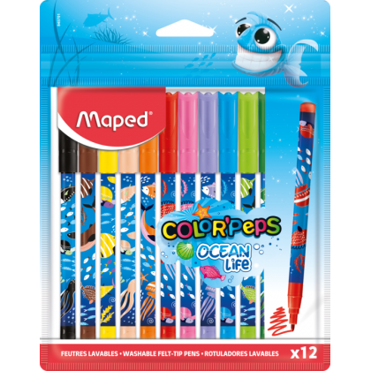 Фломастеры 12цв MAPED Color Peps Ocean Life декорирован., заблокир. пиш.узел, супер смыв., пакет