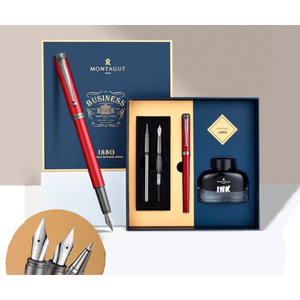 Набор подарочный Montagut.Красный: ручка перьевая 0,5мм, ручка-роллер,мет.кор,чернила30мл, подар.кор